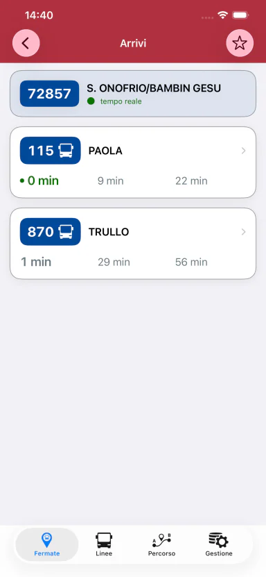 Bus Roma mostra gli arrivi disponibili per una fermata.