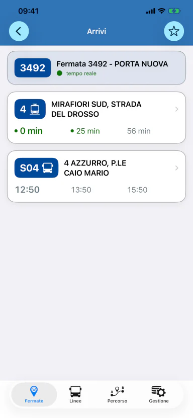Bus Torino mostra gli arrivi disponibili per una fermata.
