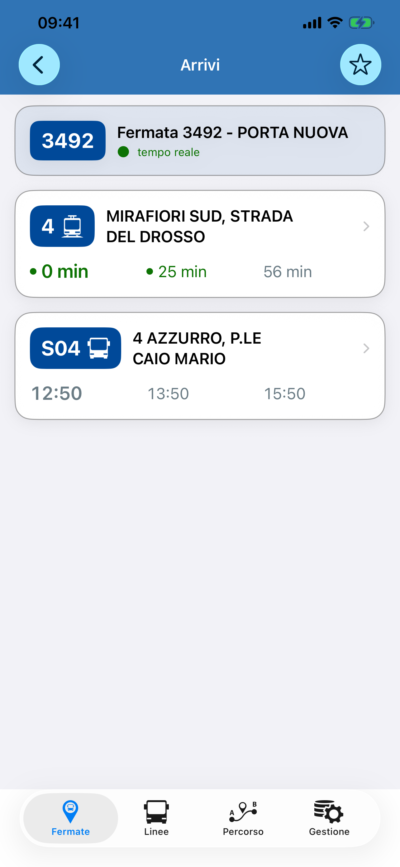 Bus Torino mostra gli arrivi disponibili per una fermata.