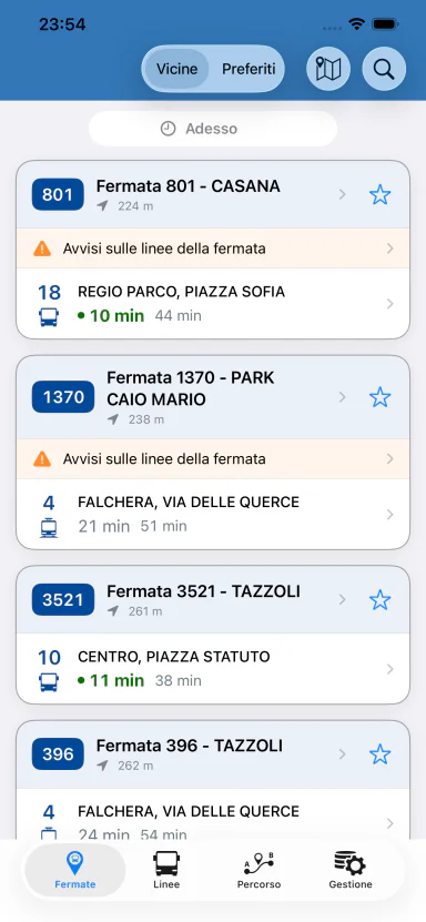 Bus Torino mostra le fermate vicine e i prossimi arrivi.