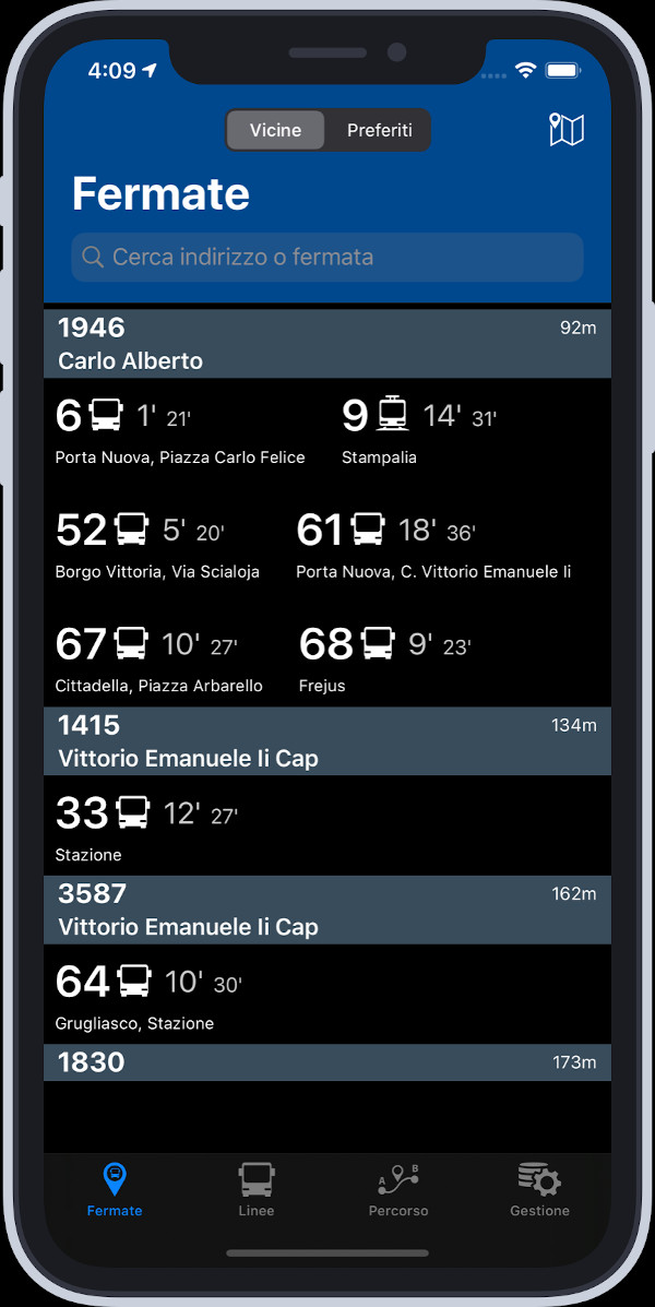 bus-torino-fermate-orari-autobus-home-dark-mode-new Bus Torino: schermata con fermata e orari in modalità scura
