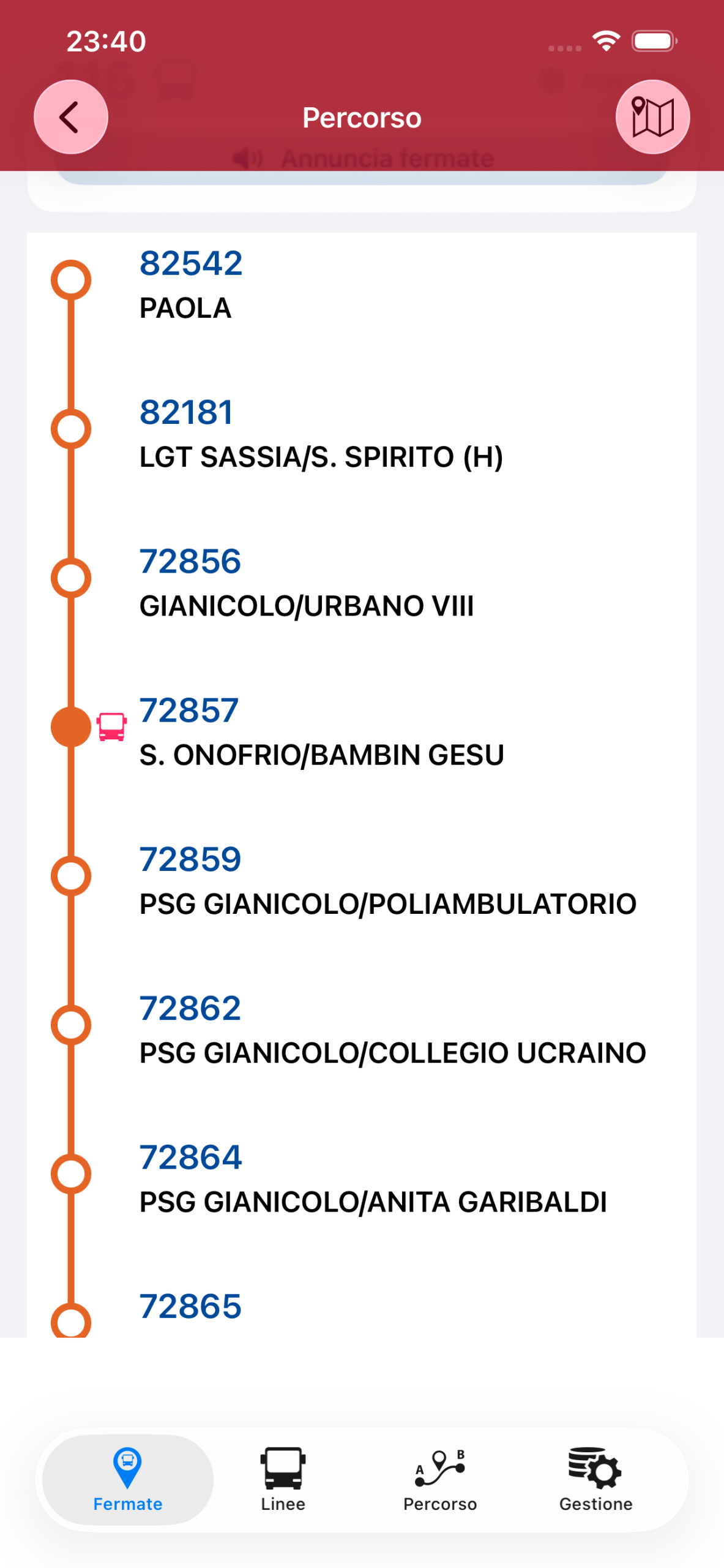 Bus Roma mostra le fermate vicine e i prossimi arrivi.