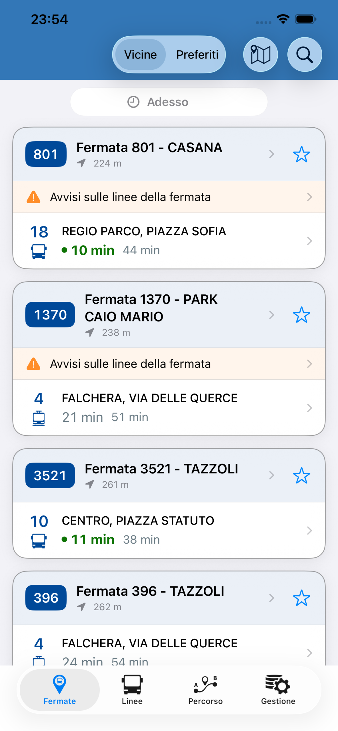 Bus Torino mostra le fermate vicine e i prossimi arrivi.