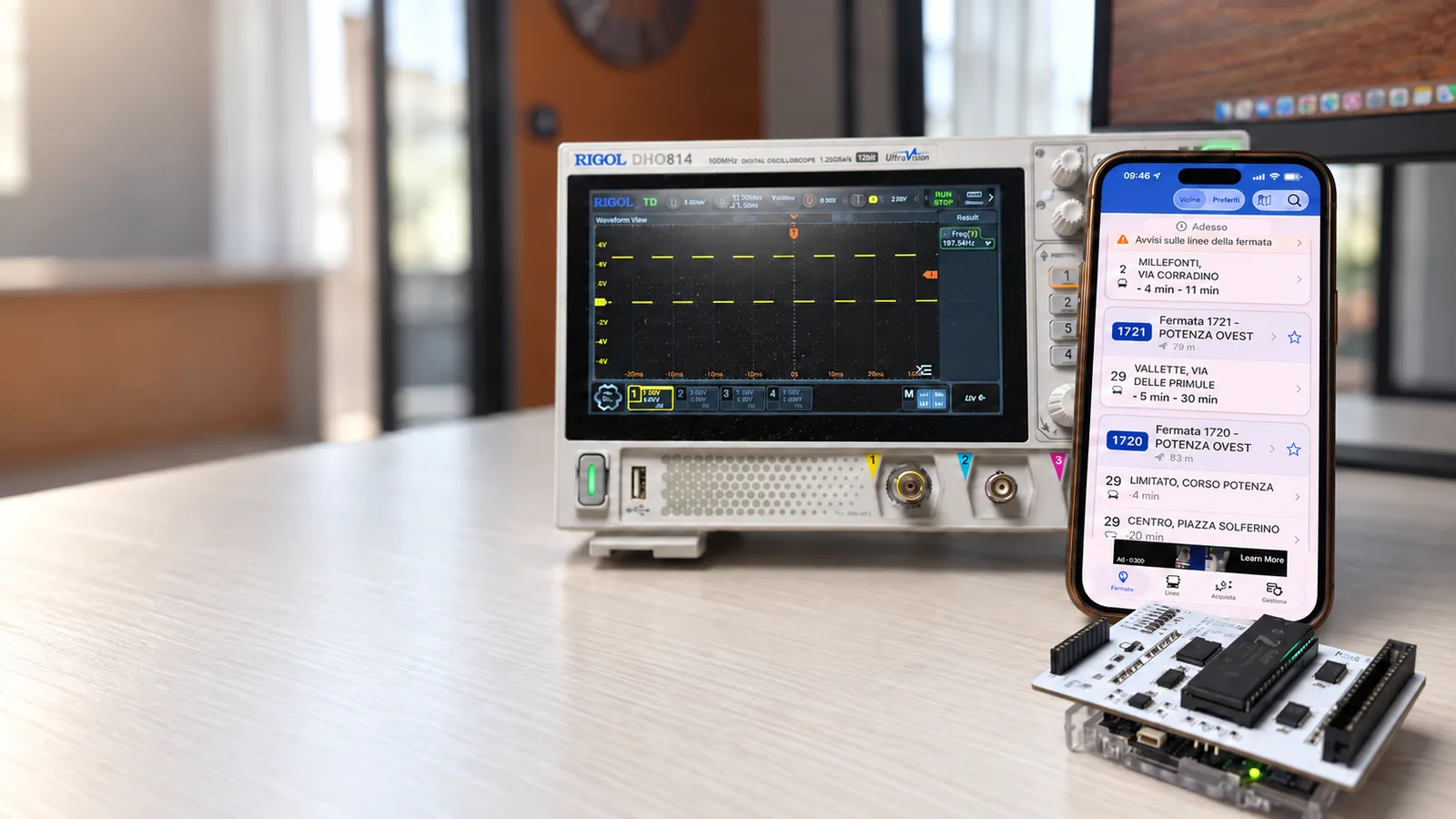 Banco di lavoro DigitalTaps con smartphone che mostra l'app Bus Torino, oscilloscopio e scheda ESP32